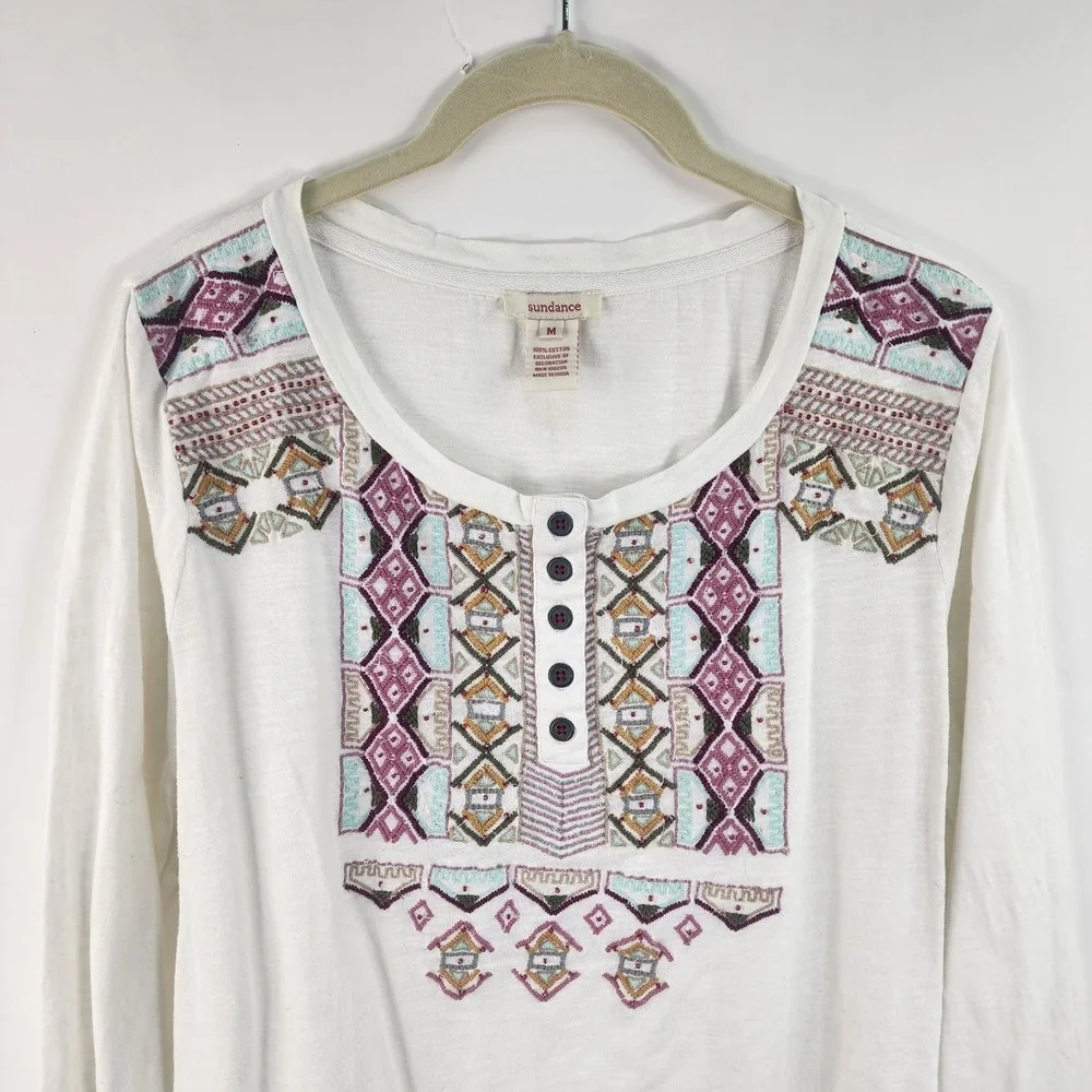Sundance Henley Top Women's M Embroidered Beaded Ivory Artisan Boho